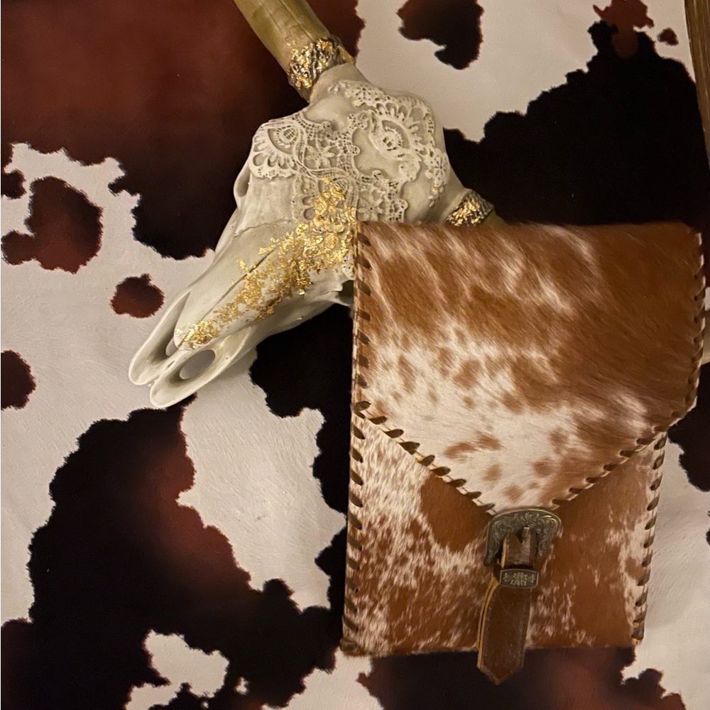 Brown and White Cowhide Leather Pouch